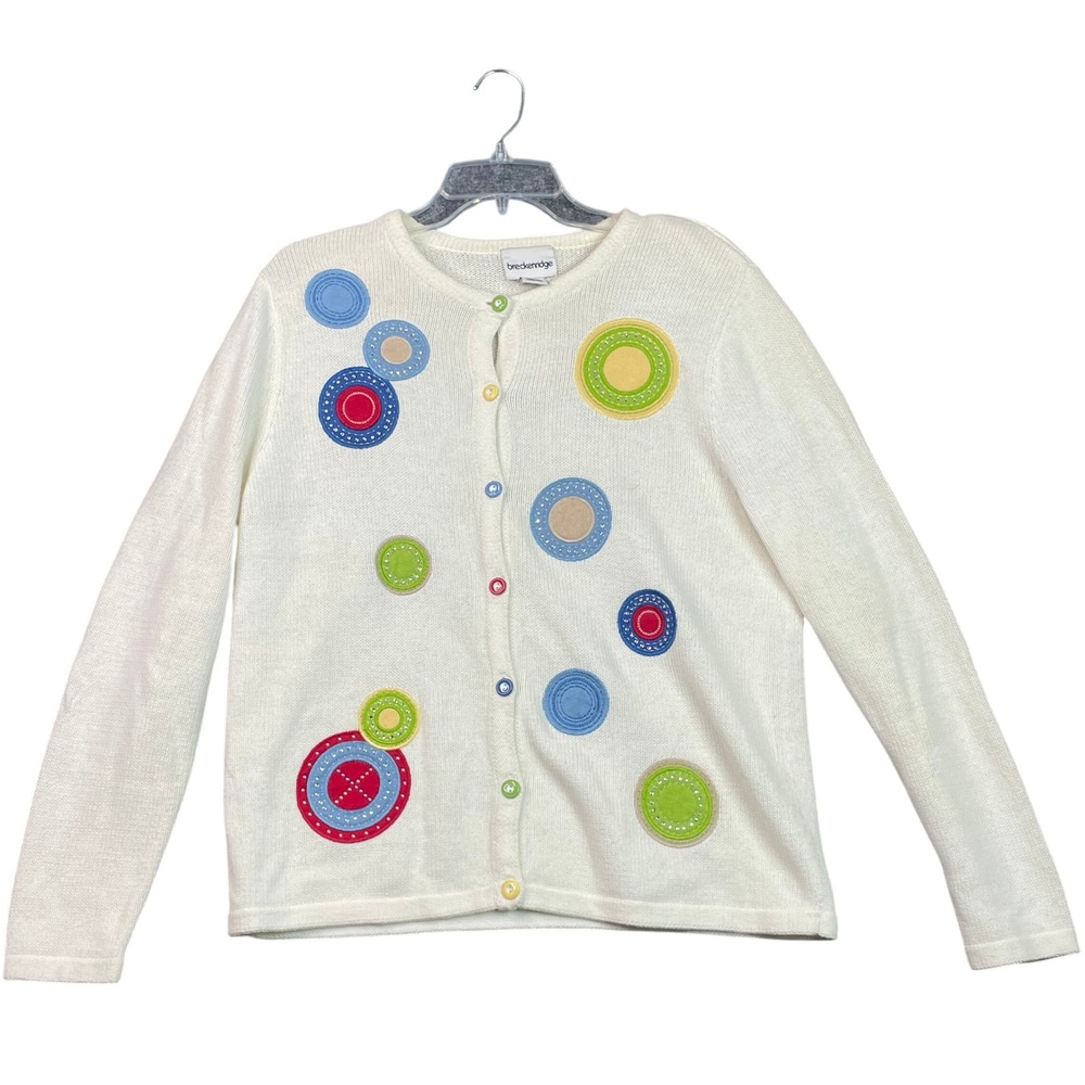 Breckenridge Cardigan Women Small White Colorful Circle Embroidered Bead Sweater - Picture 1 of 8